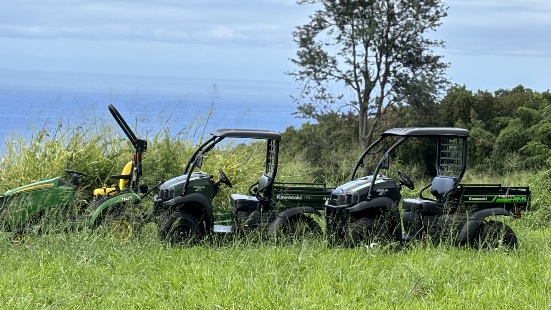 A group of people riding off-road vehicles in the grass.